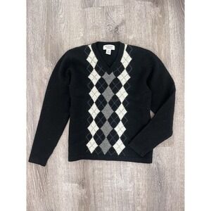 Heather Tweed M Black 100% Lambswool Argyle V-Neck Sweater Jumper Preppy Classic